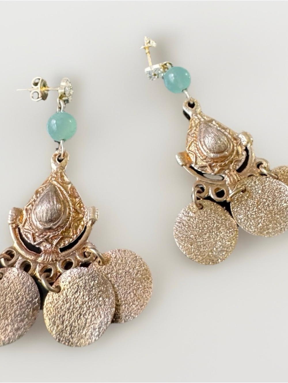 Anthropologie 14K Gold Plated Green Agate Dangle Earrings Coin Drop Boho